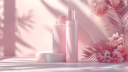 Elevate your beauty routine with our pastel pink product. Aesthetic bottle layout for a healthy and caring cosmetic background.
