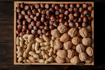 Group of walnuts, hazelnuts, peanuts in a wooden box, on wooden table. Top view.