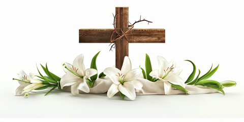 Wooden Cross with White Lilies and Crown of Thorns