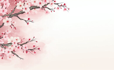 Flat illustration with pink sakura flowers on a light background. Beautiful spring nature background with a branch of blossoming sakura. Copy space for text