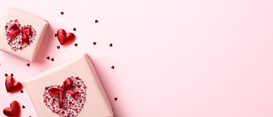 Valentine's Day banner mockup with gift boxes decorated sparkle rhinestones and red hearts.
