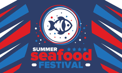 Seafood Summer Festival. Fish and Chips party. Family holiday event, happy celebration. Ocean and sea food. Healthy eating, outdoor barbecue. Vacation with delicious snack. Vector illustration