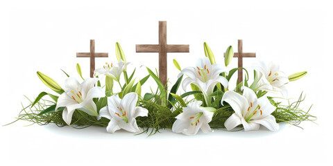 Wooden Crosses and White Lilies on White Background © Purple_Lamp