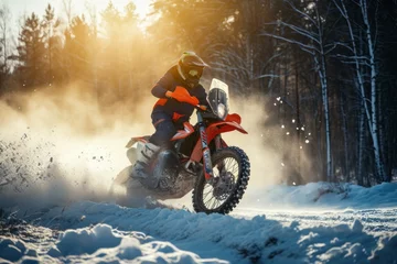Deurstickers Motocross rider on the snowmobile in the winter forest. Motocross. Enduro. Extreme sport concept. © John Martin