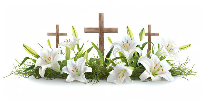 Wooden Crosses and White Lilies on White Background
