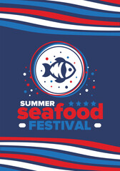 Naklejka premium Seafood Summer Festival. Fish and Chips party. Family holiday event, happy celebration. Ocean and sea food. Healthy eating, outdoor barbecue. Vacation with delicious snack. Vector illustration
