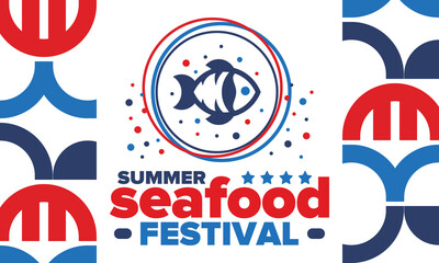 Seafood Summer Festival. Fish and Chips party. Family holiday event, happy celebration. Ocean and sea food. Healthy eating, outdoor barbecue. Vacation with delicious snack. Vector illustration