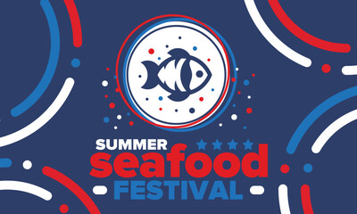 Fototapeta premium Seafood Summer Festival. Fish and Chips party. Family holiday event, happy celebration. Ocean and sea food. Healthy eating, outdoor barbecue. Vacation with delicious snack. Vector illustration