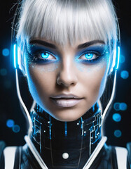 Close-up of cyberpunk woman face. Generative AI.