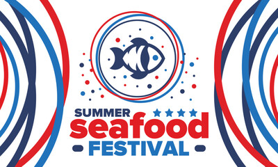 Obraz premium Seafood Summer Festival. Fish and Chips party. Family holiday event, happy celebration. Ocean and sea food. Healthy eating, outdoor barbecue. Vacation with delicious snack. Vector illustration