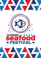 Seafood Summer Festival. Fish and Chips party. Family holiday event, happy celebration. Ocean and sea food. Healthy eating, outdoor barbecue. Vacation with delicious snack. Vector illustration