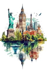 Watercolor illustration of the famous symbols of the world: Big Ben, Statue of Liberty,  travel...