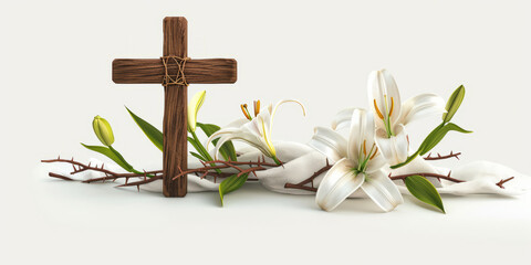 Easter Lily and Wooden Cross on White