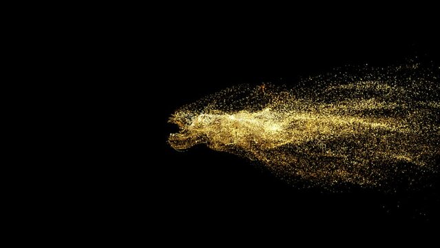 30K realistic 3d gold particle text with dust effect on black background. Fill letters with golden particles. 4k abstract Footage