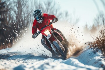 Motocross rider on the race on the snow-covered road. Motocross. Enduro. Extreme sport concept.