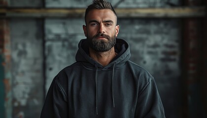 Bearded man wearing a black hoodie, whole body pose, mock-up, masculine dark interior, daylight., attractive face, smile expression. Mock-up of black hoodie wiith copy space for your text or logo. - Powered by Adobe