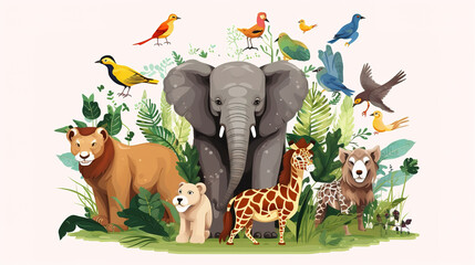 Background to World Wildlife Day, cartoon campaign illustrations for protected animals and plants,AI generated.