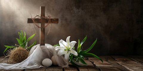 Resurrection Concept with Cross and White Lily - obrazy, fototapety, plakaty