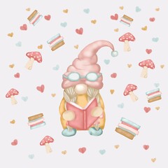 Watercolor cute pink valentines gnome. Cartoon love character illustration. Valentine's day greeting, card, invitation, flyer