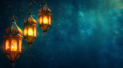 Fototapeta na wymiar Gold hanging Islamic lantern on sparkle bokeh light background.