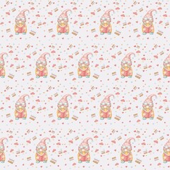 Watercolor cute pink valentines gnome. Cartoon love character illustration. Valentine's day greeting, card, invitation, flyer