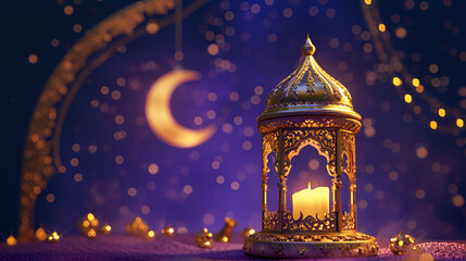 3d modern Islamic holiday banner for Ramadan. A lit up lantern and crescent moon decor on purple and golden dusk background. - obrazy, fototapety, plakaty