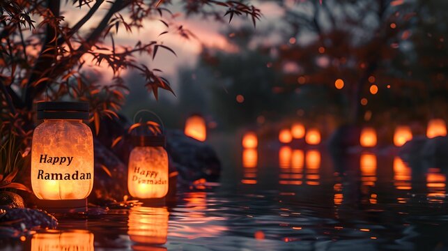 Serene riverside setting with "Happy Ramadan" written on floating lanterns.