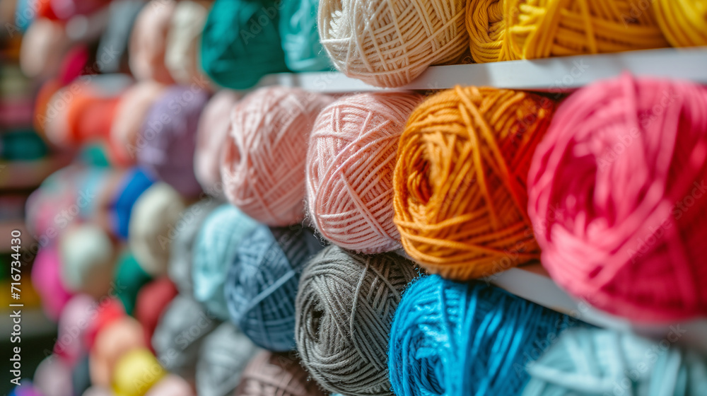 Poster background from colored yarn. balls of thread close-up. materials for needlework. rack with yarn in 