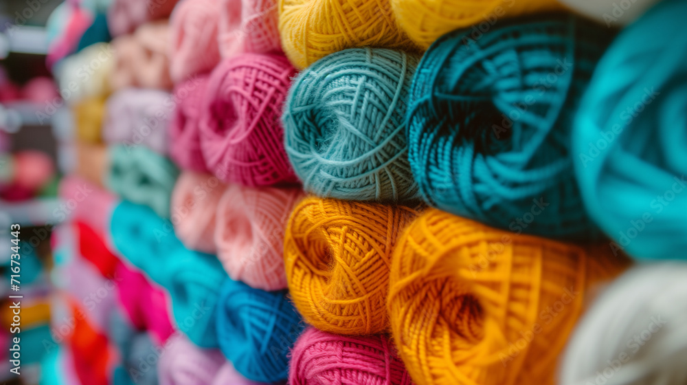Poster Background from colored yarn. Balls of thread close-up. Materials for needlework. Rack with yarn in the store. Shelf with multi-colored threads for knitting.