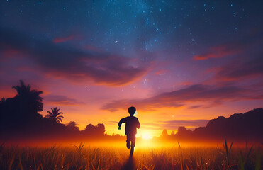 Obraz premium Silhouette of freedom child running in a meadow with a starry night sky