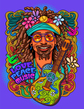 Hippie guy with glasses, dreadlocks with guitar and peace sign peace and love. Vector colorful background in retro comics style in pop art style. A symbol of pacifism, peace, love and music