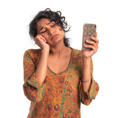 Poor South Asian adult woman looking sad while holding her phone, isolated background