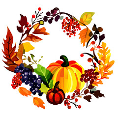 Autumn wreath with pumpkins, leaves and berries on white background Generative AI