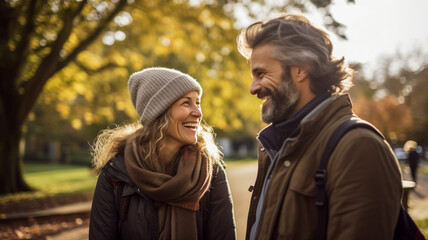Fototapeta premium Happy couple sharing a laugh on a sunny autumn day in the park