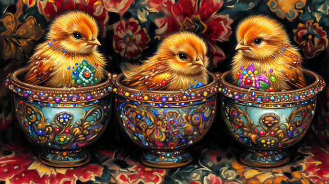 Easter card, Easter chickens in painted dishes in folk ethnic style, generated AI