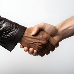 Close-up of a handshake between diverse individuals isolated on white background, hyperrealism, png
