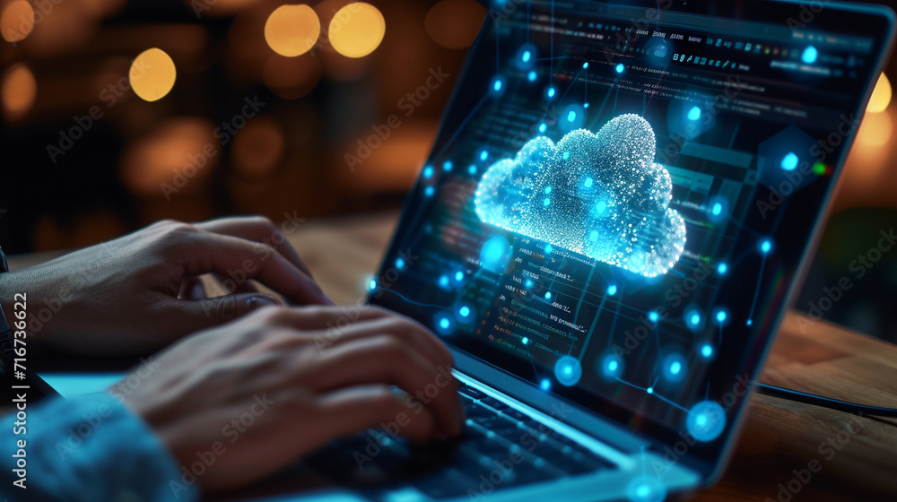 Poster hands typing on a laptop with secure cloud connection on the screen, cloud security, dynamic and dra