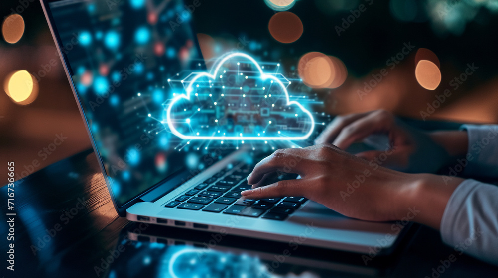 Poster hands typing on a laptop with secure cloud connection on the screen, cloud security, dynamic and dra
