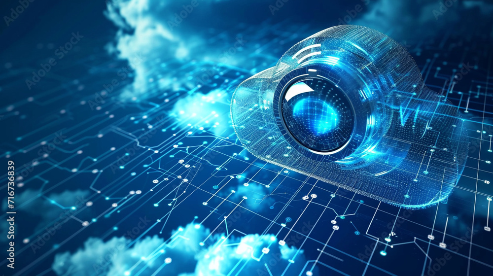 Poster a virtual cloud being scanned by a security system, cloud security, dynamic and dramatic composition