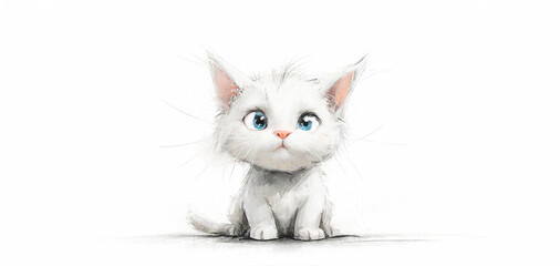piccolo simpatico micetto bianco dallo sguardo imbarazzato, grandi occhioni, sfondo bianco - obrazy, fototapety, plakaty