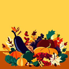 Obraz premium Thanksgiving background with autumn vegetables and fruits. Vector illustration in flat style AI generated