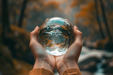 Hands holding a crystal ball reflecting and distorting the surrounding environment, merging reality with fantasy