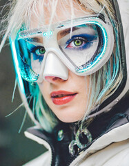 Close-up of cyberpunk woman face. Generative AI.