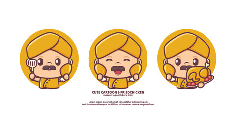 cute chef cartoon in yellow uniform with fried chicken. food vector illustration