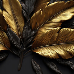 Plants and flower, graphic resources concept. Artificial metallic black and gold colored plant leaf background with copy space