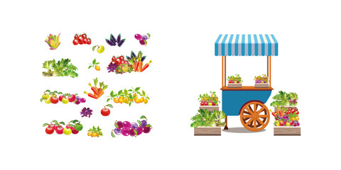 Blue trading tray on wheels with vegetables. Boxes with fruits and herbs. Striped canopy. Cartoon style, Vector illustration.
