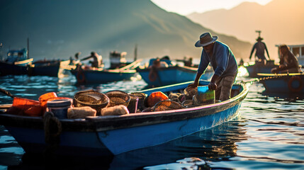 Obraz premium fishing boats at sunset
