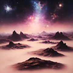 Impressive cosmic landscape, view of mountains with fog against the backdrop of a colorful starry sky