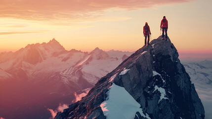 Climbers on the top of the mountain at sunset. Concept of mountaineering.