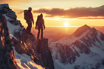 Climbers on the top of a mountain at sunset. The concept of active and extreme tourism.